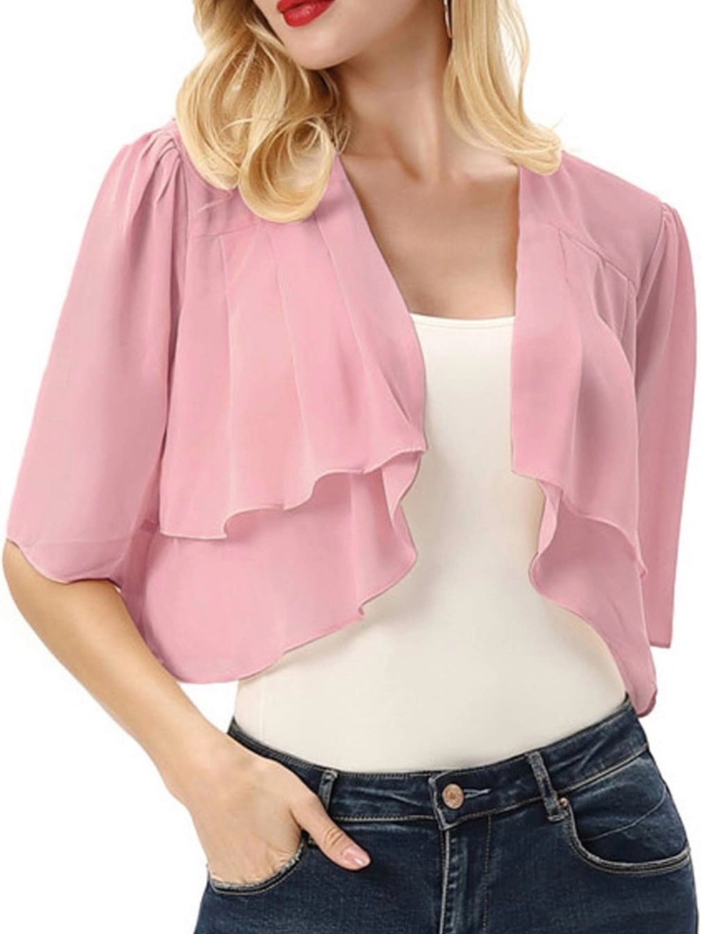Layered Pink Chiffon Open-Front Evening Jacket